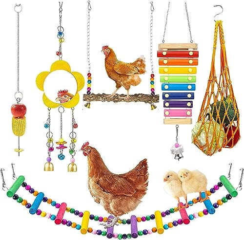 7PCS Chicken Coop Accessories Set: Toys, Swing, Perch, Xylophone, Mirror, Feeder