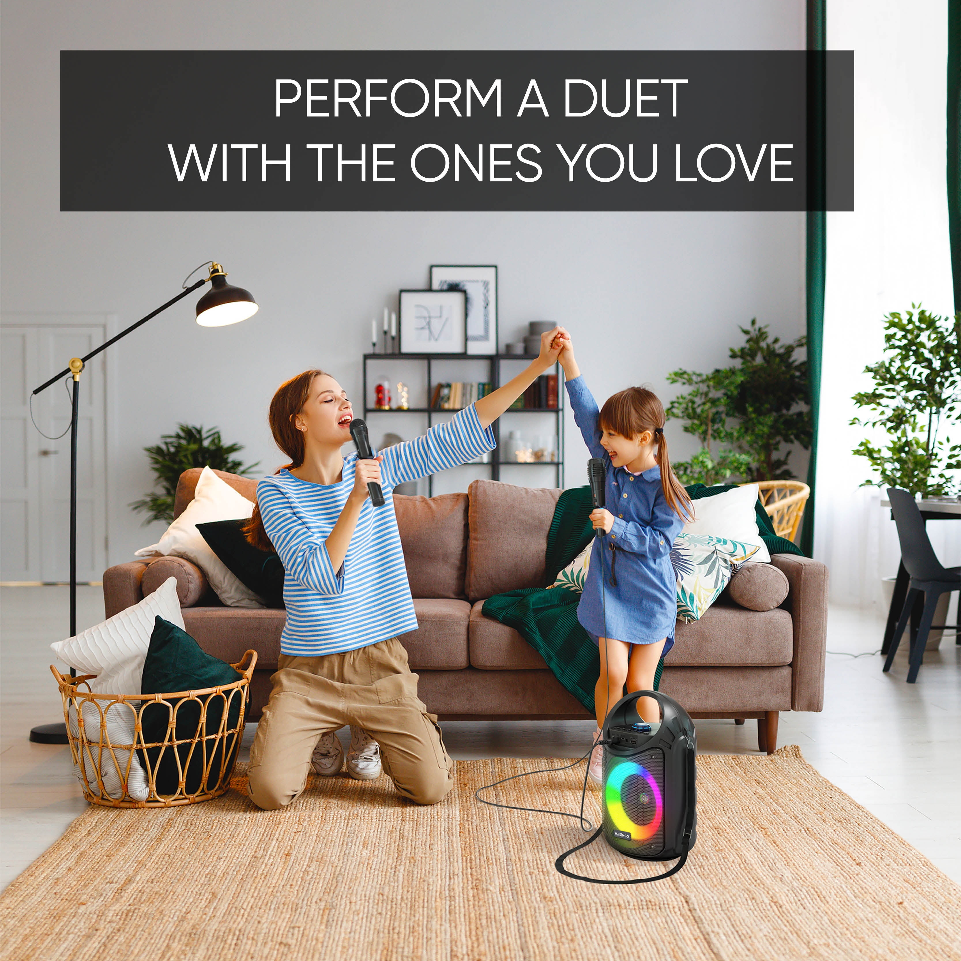 MASINGO 2023 Bluetooth Karaoke Machine - Wireless Mic, LED Lights