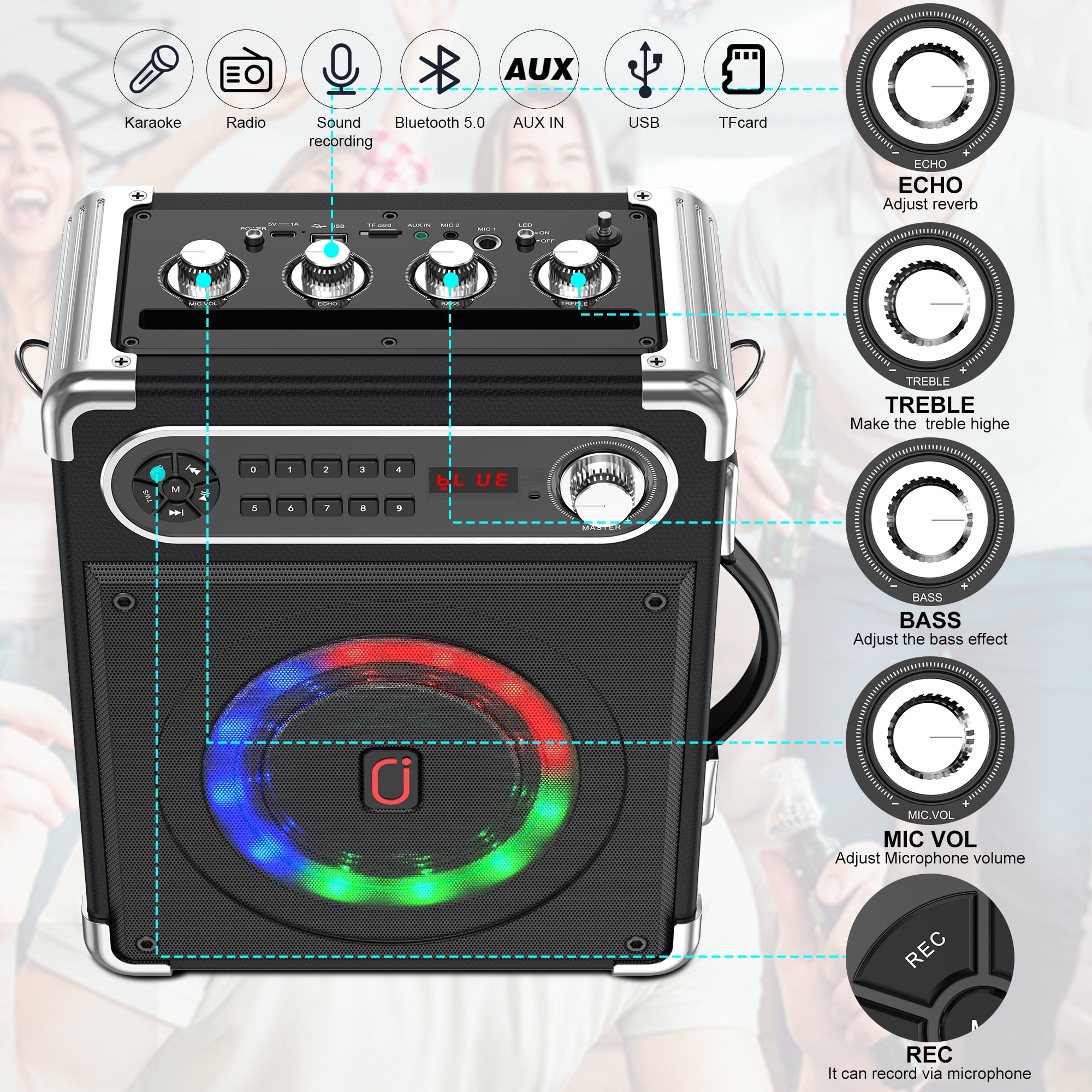 Wireless Bluetooth Karaoke Machine with Dual Microphones