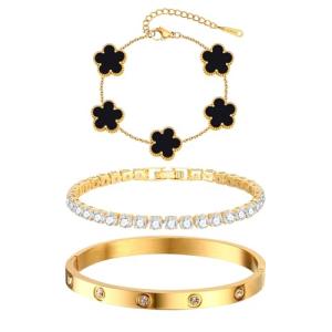 Floral Gold Stackable Bracelets Set - 3 Pieces