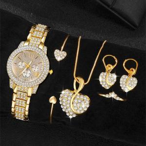 Gold Luxury Jewelry Set: Watch, Ring, Necklace, Earrings