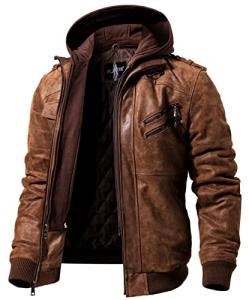 Brown Leather Motorcycle Jacket with Removable Hood