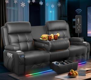 Triple Recliner Loveseat Sofa with Massage & Cup Holders