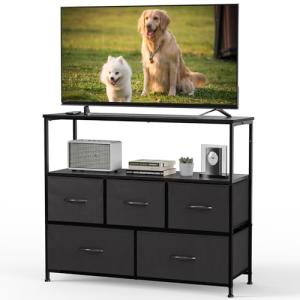 DUMOS TV Stand with 5 Fabric Drawers, Black