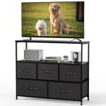 DUMOS TV Stand with 5 Fabric Drawers, Black