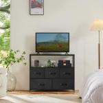 DUMOS TV Stand with 5 Fabric Drawers, Black