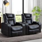 CANMOV Electric Power Recliner Chair Set of 2, Breathable Leather Home Theater Seating with Hidden Arm Storage, Power Recliner Chair for Living Room with USB Ports and Cup Holders,Black