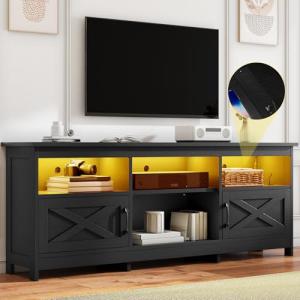 DWVO Farmhouse TV Stand with Power Outlets & LED Lights, Entertainment Center for TVs up to 80", TV Console with Storage Cabinets & Open Shelves for Living Room (Black)