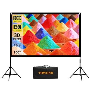 Projector Screen and Stand, Towond 100 inch Portable Movie Screen Indoor Outdoor 16:9 HD Front Rear Projection Screen with Carry Bag Wrinkle-Free and Foldable Polyester Fabric Design for Home Cinema