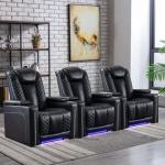 CANMOV Electric Recliner Chairs Set of 3, Breathable Faux Leather Home Theater Seating Recliner with Ambient Lighting, Power Recliner Chairs with USB Ports, Cup Holders, Hidden Arm Storage, Black