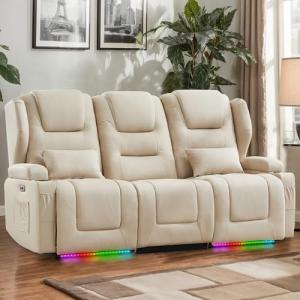 Beige Power Recliner Loveseat with Cup Holders