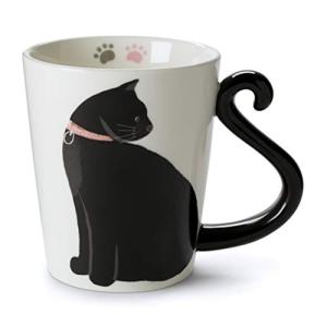 Black Cat Ceramic Coffee Mug: Hand Printed Designs, 12oz