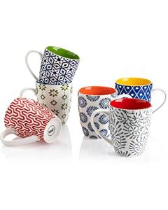 Vibrant set of 6 porcelain coffee mugs, 16 oz