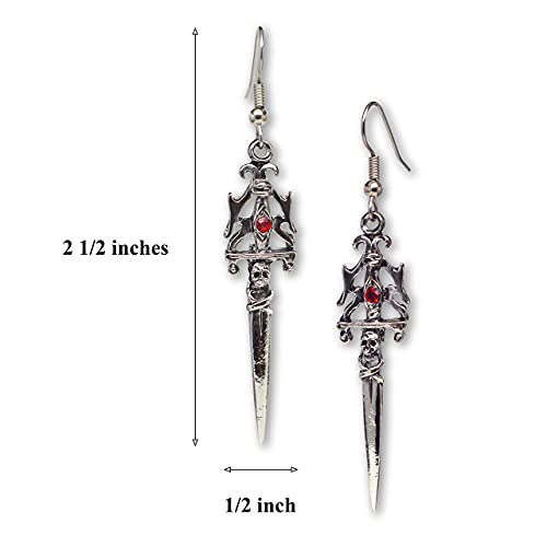Gothic Skull Dagger Earrings with Red Crystals