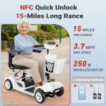 4 Wheel Mobility Scooter for Adults&Seniors, 15 Miles Electric Scooter Up to 300LBS, NFC One-Touch Unlock, Foldable Mobility Scooter for Travel with Dual Keys, Removable Battery, Rotating Seat, White