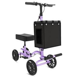 Fvzzin Lightweight Knee Scooter Crutch Alternative, Foldable & Adjustable Knee Scooter for Adults for Foot Surgery, Steerable Knee Walker with Detachable Basket, Includes DIY Stickers-Cream Purple