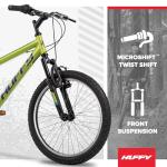 Huffy Stone 20 Inch Mountain Bike, Matte Lime Frame, 6-Speed Shimano Twist Shifting, Front Suspension, Comfort Saddle, 20"/24"/26" Sizes, 6-21 Speeds, Dual Suspension Available