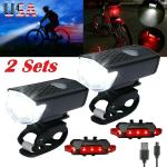 2 Sets USB Rechargeable LED Bicycle Headlight Bike Front Rear Lamp Cycling