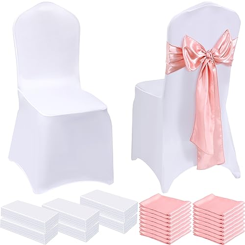 100 Pack Wedding Chair Covers with Sashes - Rose Gold & White