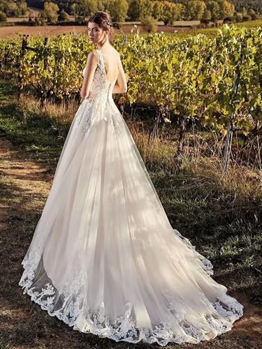 Ivory Lace V-Neck Bridal Wedding Dress Appliques Straps