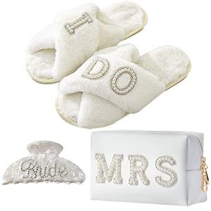 Bride To Be Gift Set: Makeup Bag, Slippers, Robe
