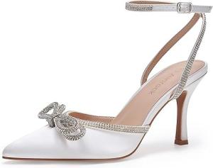 Ainrock White Wedding Shoes with Bling Bow, Size 7