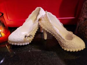 White Lace Bridal High Heels with Rhinestone Bow
