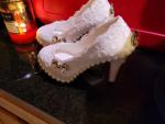 White Lace Bridal High Heels with Rhinestone Bow