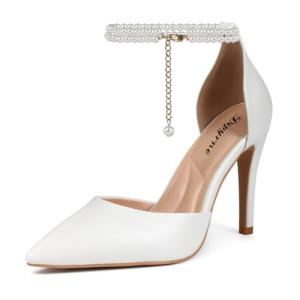 White Pointed Toe Ankle Strap Heels for Weddings