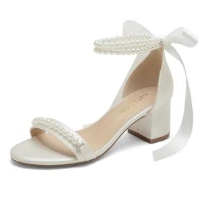 Pearl Open Toe Block Heel Wedding Sandals