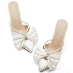 Beige Satin Rhinestone Backless Wedding Heels