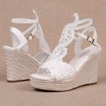 White Wedge Open Toe Ankle Strap Wedding Sandals