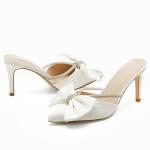 Beige Satin Rhinestone Backless Wedding Heels
