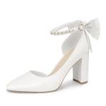 Women's Pearl Ankle Strap Chunky Heels Pumps