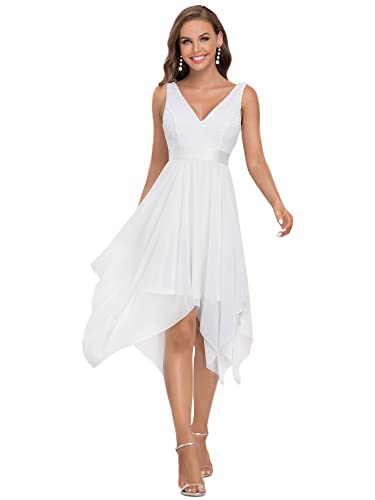 White Tea-Length V Neck Chiffon Bridal Party Dress