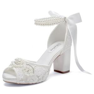 Lace Pearl Peep Toe Wedding High Heel Shoes