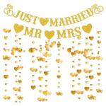 Just Married Gold Glitter Banner with Heart Garland