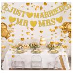 Just Married Gold Glitter Banner with Heart Garland