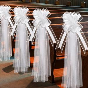 12 Large Wedding Pew Bows with Tulle Tails