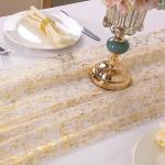 Snowkingdom 10 Ft Gold Table Runner, Sheer Gauze Chiffon Tulle Cheesecloth Sequin Glitter Metallic Foil, Table Decorations for Home Wedding Anniversary Party Birthday Holiday Christmas Thanksgiving