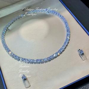 18K White Gold Plated made w Swarovski Crystal Tennis Necklace Earrings Gift Set