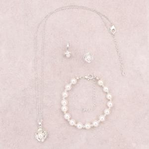 Silver Pearl Bridesmaid Jewelry Set Necklace Earrings Bracelet Love Knot CZ