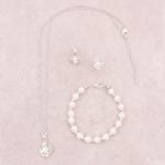 Silver Pearl Bridesmaid Jewelry Set Necklace Earrings Bracelet Love Knot CZ