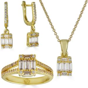 14k Gold Plated 925 Silver Simulated Diamond Ring Necklace Earrings Jewelry Set