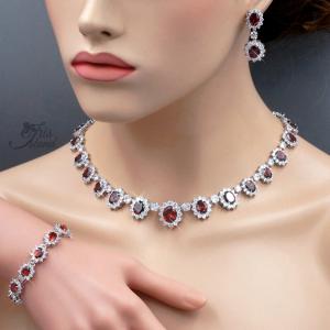 Jewelry Set Red Cubic Zirconia White Gold Plated Necklace Bracelet Earrings 6259