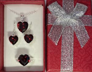 Beautiful Red Garnet Heart Necklace, Dangle Earrings, & Ring Size 8 Set