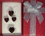 Beautiful Red Garnet Heart Necklace, Dangle Earrings, & Ring Size 8 Set