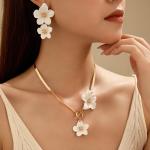 Women's Elegant Alloy White Flower Pendant Necklace Earring Set Fashion Jewelry