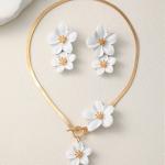Women's Elegant Alloy White Flower Pendant Necklace Earring Set Fashion Jewelry