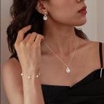 Silver Pearl Bridal Jewelry Set Necklace Bracelet Earrings Wedding Gift